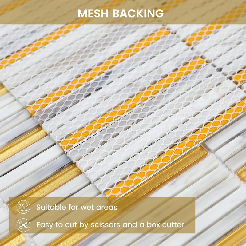 Adedeo Glass Backsplash Mosaic Tile Dazzling Gold White 12 x 12 Inch for Kitchen Backsplash Bathroom and Shower (5-Pack, 5 sq.ft.) - Image 4
